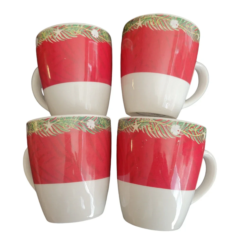 Vintage Oneida Christmas Palm Tree Cups Mugs Sand Dollars Starfish Set of 4 Rare